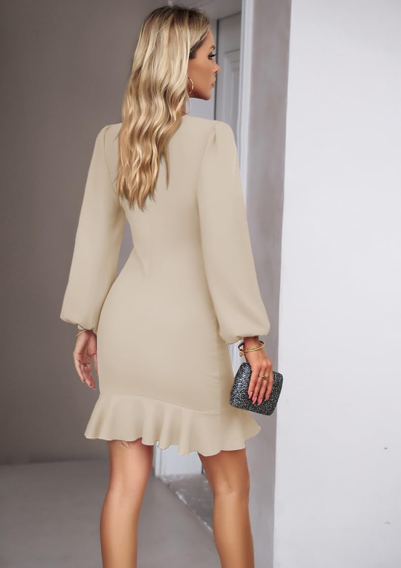 Damen Elegante Businesskleider Langarm Bodycon Rüschen Puffärmel Einfarbige Abendkleider Vintage Formelles Kleid