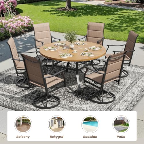 Image of Soohow Outdoor Dining Set for 6, 7-Piece Patio Table and Chairs Set, 6 x Swivel Patio Dining Chairs and 47 inch Wood-Like Round Outdoor Table with 1.57 inch Umbrella Hole for Backyard, Poolside