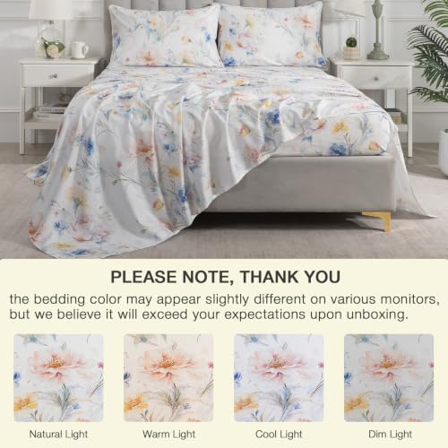 Image of Vintage Blue Floral Percale Bed Sheets Full Size Deep Pocket, 4Pcs | 100% Cotton Patterned Farmhouse Sheet Set, Peony Print Shabby Chic White Sheets, Luxury Toile Bedding, Wildflower, Soft Crisp