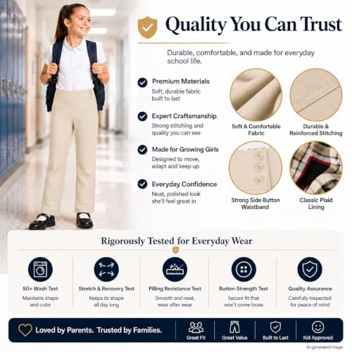 Image of Bienzoe Adjustable Waist Girls Pants: School Uniform Straight Leg | Growing kids Aged 3-13, Classroom, Campus Activities, Adjustable Fit Support, Private Academy Events, Soft Comfort, Easy Care
