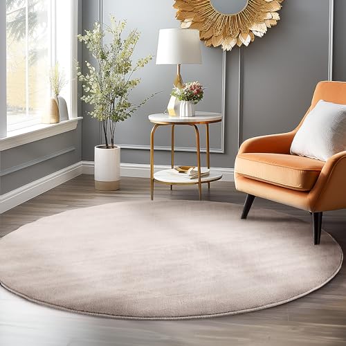 HomebyHome Alfombra de pelo corto para salón, 120 cm, redonda, color beige, lavable para dormitorio, comedor e ideal como alfombra de cocina, alfombra mullida, extrasuave, monocolor, antideslizante,