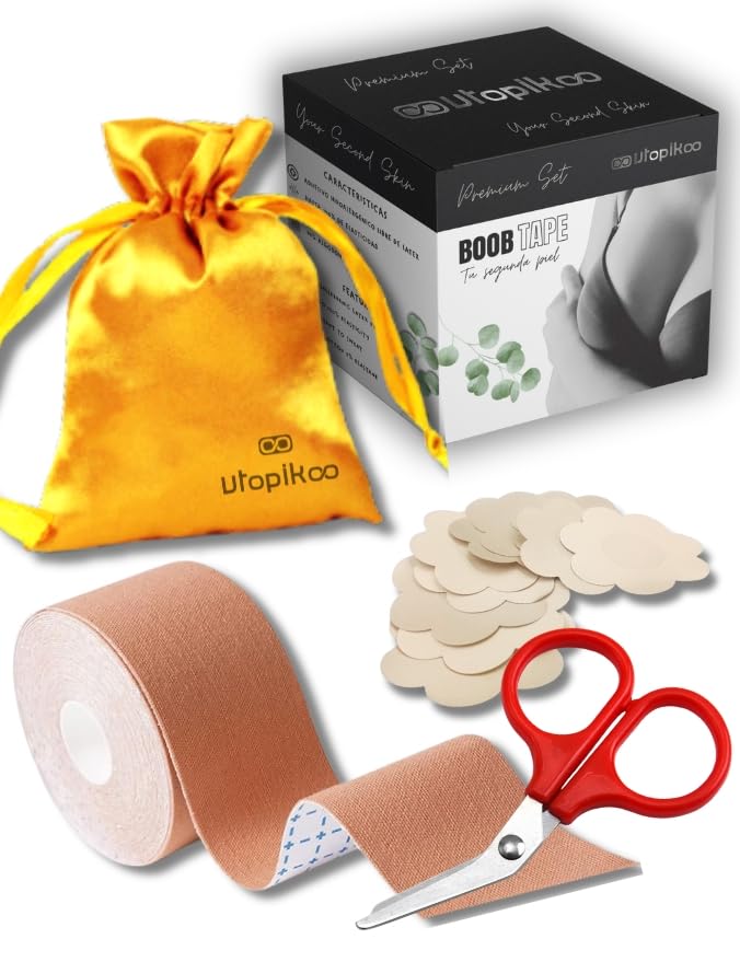 UTOPIKOO® Boob Tape. Cinta Adhesiva Pecho 5m + 12 Cubre Pezones Saten + Bolsita Viaje- Set Premium Pezoneras Adhesivas Invisibles Sujetador Adhesivo Invisible Cinta Pecho Adhesiva