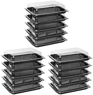 Deli Supplies Pack of 15 Small Rectangle Food, Cake, Sandwich Platter Tray Set, Black Tray Base with Clear Lid Durable Buffet Catering Food Sandwich Trays (L340mm x W250mm X D70mm with Lids)