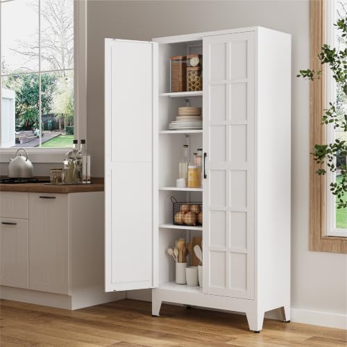 Image of COFaR 71 inch White Farmhouse Pantry Cabinet with Doors and Adjustable Shelves | 5-tier kitchen pantry cabinet with square-panel doors and 4 adjustable shelves for laundry room, office or garage storage.