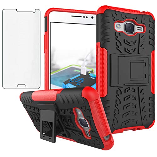 Phone Case for Samsung Galaxy Grand Prime J2 Prime with Tempered Glass Screen Protector Cover and Stand Kickstand Hard Rugged Hybrid Protective Cell Accessories Glaxay 2 2J Plus Cases Women Black Red