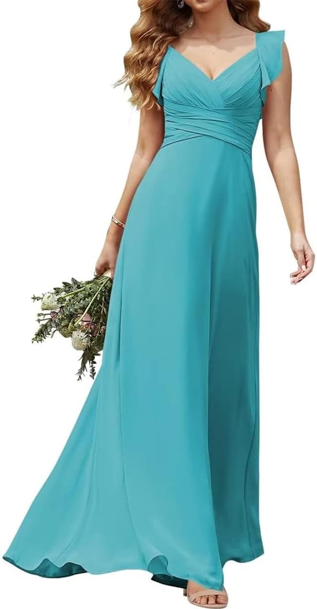 Vrouwen Eucalyptus Bruidsmeisje Jurk met Strik Chiffon A-Lijn V-Hals Korte Mouwen