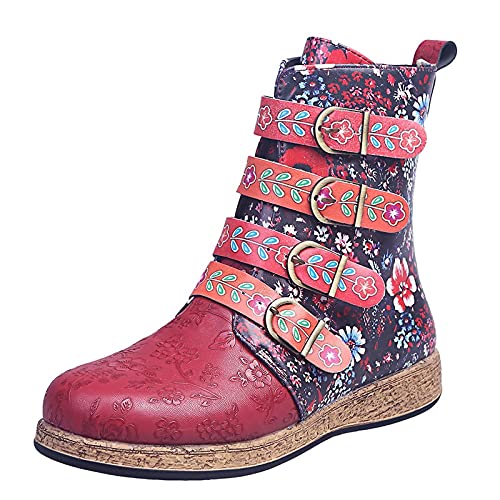 Bottine Femme Bottes de Pluie Femme Fantaisie 43 Fermeture éclair plat rétro fleurs moyen rond chaussures chaussons orteil impression femmes bottes pour...
