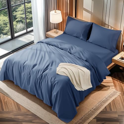 LBRO2M 100% Cotton 1200 Thread Count King Size Sheets Set,16 inches Deep Pocket,Bed Sheet 4 Piece Sets(Navy Blue, King)