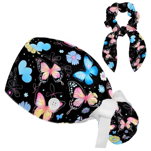 Image of Colored Butterflies Scrub Caps Women Ponytail, Adjustable Bouffant Surgical Caps with Button, Nurse Hats Long Hair