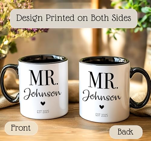 Personalized Mr & Mrs Coffee Mug Set | Customized Couple Gift Set for Engagement, Wedding, Anniversary, Valentine's Day | Custom Name Ceramic Tea Cup | 11 oz (White - Black) - Image 5