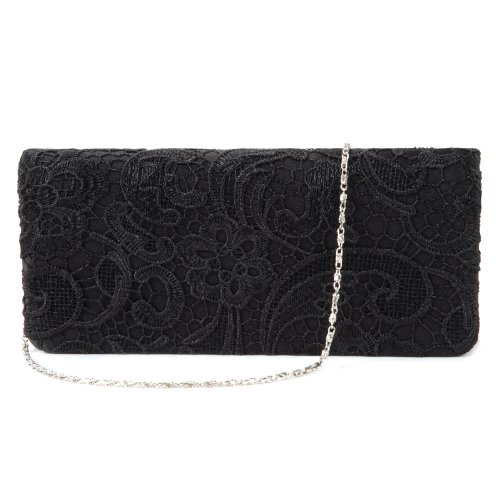 Hamimelon Femme Sac A Main Pochette Enveloppe, Sac à Main en Bandoulière Noir Satin Dentelle pour Bal Cadeau Brevet Sac de Soirée Mariage