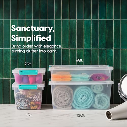 Image of IRIS USA 2 Qt. Craft Storage Bins with Lids, 6-Pack, |Made in USA|, Clip Box, Small Plastic Sensory Bin Tote Organizer Containers for Art Supplies, Paper, & Office, Stackable - Clear /Seafoam Blue