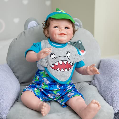 yuela 55CM Reborn Baby Boy Shaya Lächelnde Puppe Weicher Körper kuschelig Neugeborenes Baby Puppe Verwurzeltes Haar – Bild 6