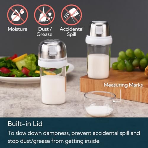 Image of KTCHENDAO 2 in 1 Glass Salt Shaker with Side Pour Spout, Built-in Lid to Slow Down Dampness with Mearsuring Marks, Elegant Borosilicate Glass Salt Dispenser for Kitchen, BPA Free, 4oz (White)