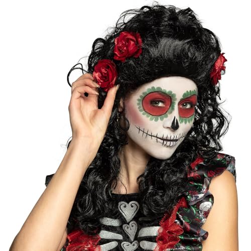 Perruque Catrina Dia de los Muertos avec fleurs noires et rouges pour Halloween