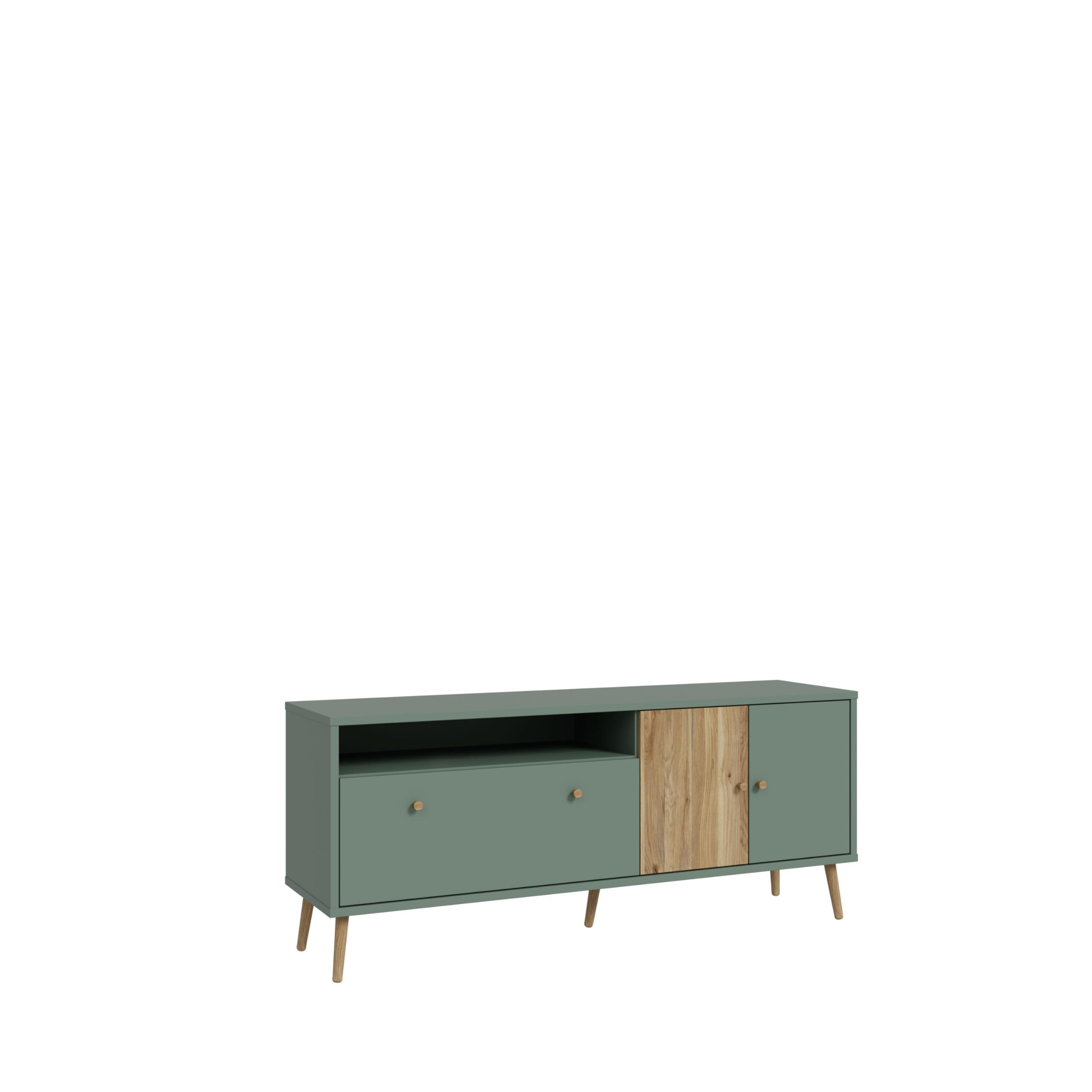 FORTE Harllson, einfache Montage Dank EasyKlix TV Tisch, Salbei mit Mauvella Eiche, TV Schrank mit 2 Türen, skandinavischer, moderner Stil, 160 cm breit x 67 cm hoch x 41 cm tief