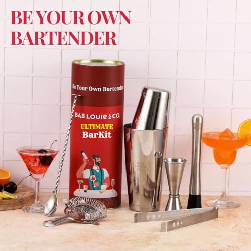 Image of Bab Louie & Co. Bar & Cocktail Set, Ultimate BarKit, Cocktail Shaker Set for Drink Mix, Set of 6 Stainless Steel & Anti Rust Bar Accessories, BarKit for Gift, Best Gifts for Bartender