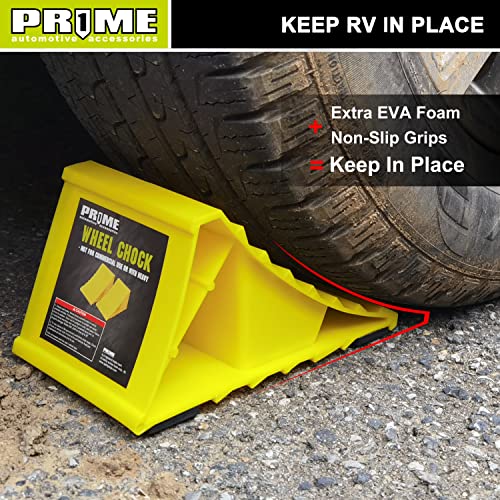 Image of PR1ME Wheel Chocks with Non-Slip Base for RV & Trailer. 2 Pack Heavy Duty Wheel Chock with Bright Yellow. Lightweight Wheel Stoppers for Cars Camper Trucks RVs, Fit for Most Tyre Sizes