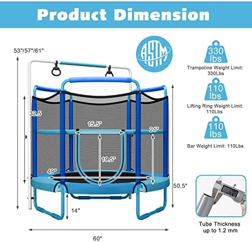Goplus 60 Inch Kids Trampoline with Safety Enclosure Net, 330 LBS 3-in-1 Mini Trampoline w/Swinging Rings, Adjustable Horizontal Bar, 5 FT Indoor Outdoor Toddler Recreational Trampoline 6