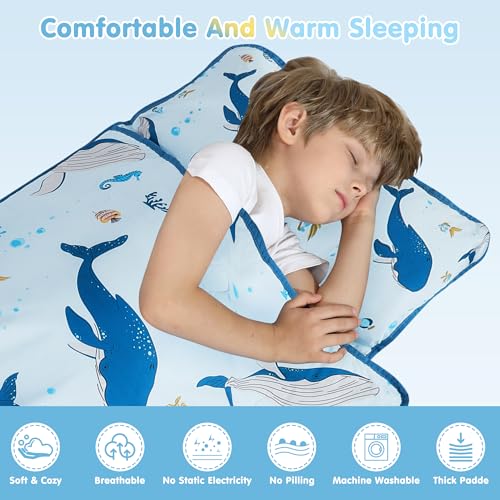 Image of Viviland Toddler Kid Nap Mat for Preschool, Boys Blue Ocean Whale Slumber Bag, Daycare Sleeping Bag with Pillow and Blanket, Kindergarten Sleep Mat