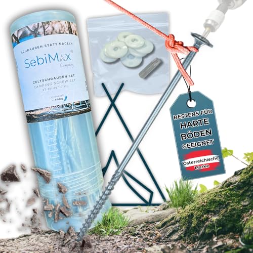 SebiMax® Schraubheringe Camping Komplettset - 18 Stück in Zwei Längen - EIN Bit Aufsatz - XXL Unterlegscheibe aus Kunststoff – Twist & Pull Transportbox