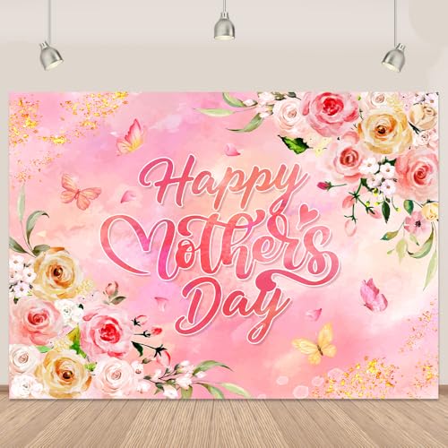 Pink Mothers Day Backdrop 75Ft Watercolor Floral Happy Mothers Day Banner Backdrop for Photography Pink Yellow Flowers Romantic Background for Moms Party Celebration 84x60 Inch (Polyester)