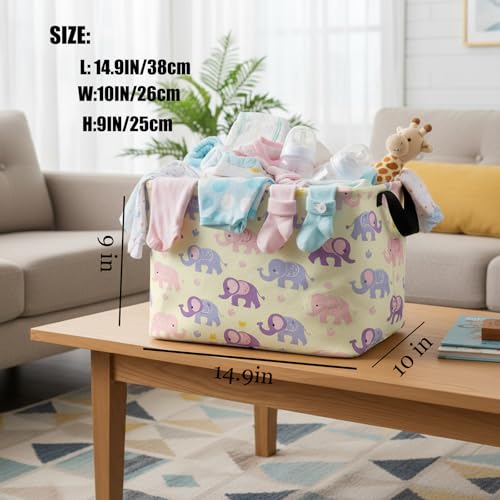 Image of Kid Cute Rectangle Storage Basket Baby Toy Clothes Storage Bin Nursery Playroom Bedroom Decor Basket (Pink&Purple Elephant)