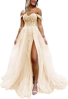 Off The Shoulder Tulle Prom Dress with Laces Applique A-line Slit Long Ball Gowns Glitter Formal Evening Dress