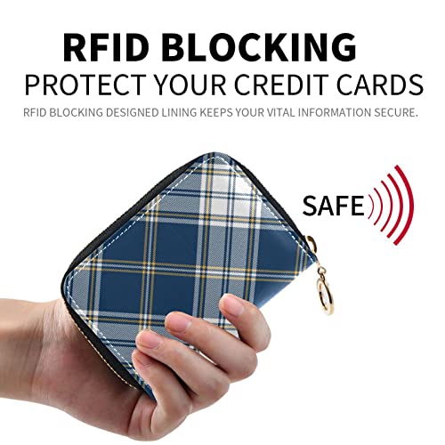 susiyo RFID Credit Card Holder Case Navy Blue White Large Plaid Leather Printed Zipper Card Case Wallet for Women Girls2