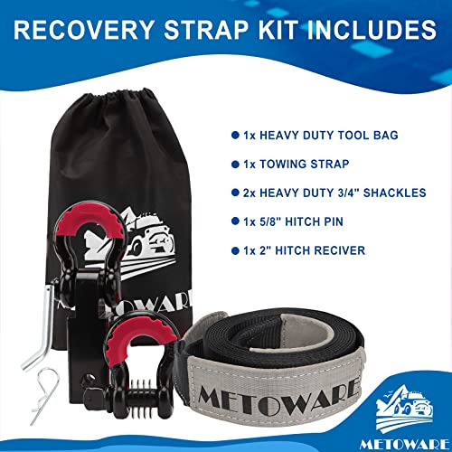 Metoware Tow Strap Recovery Kit, 3" X 30Ft (35,000Lbs) Capacity Recovery Strap, 3/4" D Ring Shackles(2Pcs) + 2" Shackle Hitch Receiver + 5/8" Hitch Pin + Storage Bag, Emergency Off Road Towing Rope #TOP6