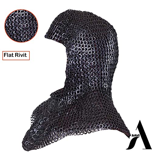 Image of AnNafi Chainmail Coif U-Neck Chain Mail Hood | Medieval Templar Crusader Re-enacment Armor Costume Halloween