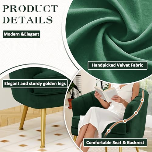 Image of Andeworld Velvet Accent Chair, Barrel Armchair, Green | Velvet Upholstery, Golden Metal Legs, Comfy Barrel Back, Modern Style, Living Room Bedroom Office