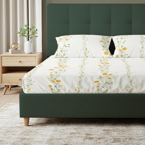 Image of Urban Space Serene 100% Cotton 200 TC Printed Bedsheet for Single Bed with 1 Pillow Cover (Size 58 x 90 inches, Veil Bloom - Yellow)