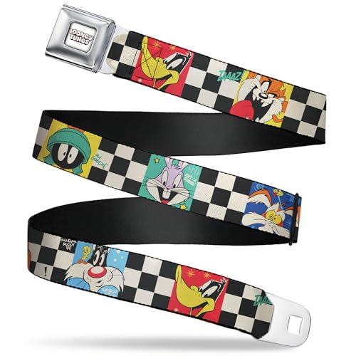 Looney Tunes Belt, Seatbelt Buckle, Checker Pose Blocks Black White Multi Color