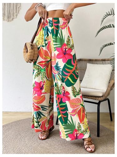 WDIRARA Women's Tropical Floral Print Elastic Waist Wide Leg Pants Palazzo Pants2