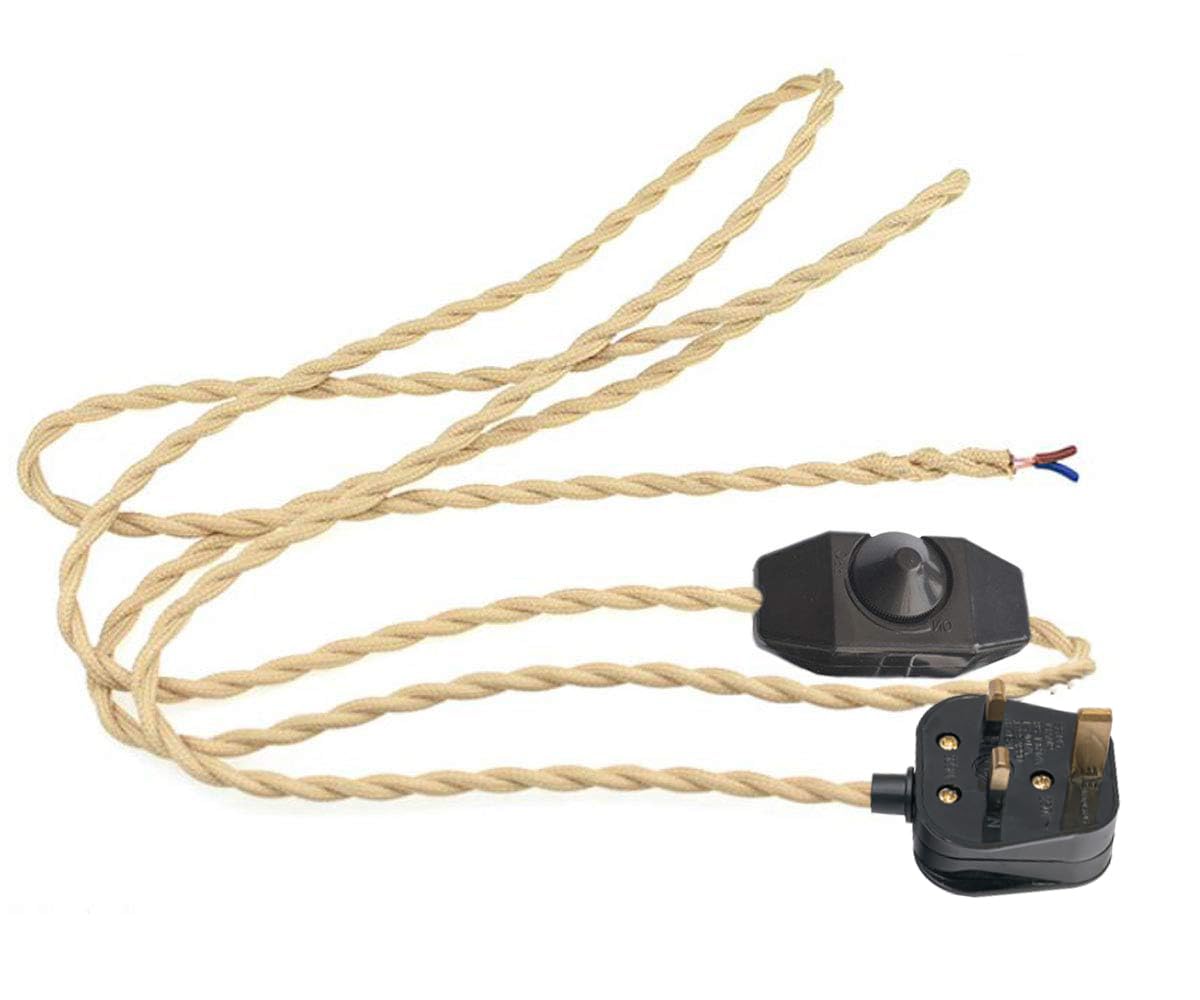 FSLiving 1.8 Meter Length Cord w/Plug Attached and In Line Dimmer Switch, Beige Twisted Wire Cordset, Art Deco Re-Wire Kit, Lamp Electrical Cord — image 1