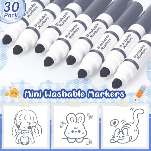 Janlaugh 30 Pcs Mini Washable Markers Bulk Broad Line Conical Tip Washable Mark Pen Set Short Coloring Paint Pen for Kid Art Projects Teacher Student Toddler Party Favors Classroom, Ages 6+(Gray)