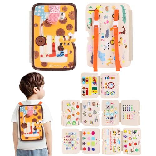Heypappy Busy Board,12 en 1 Montessori Paneles Sensoriales,Busy Book Libro Sensorial Educativo Juguete de Aprendizaje para Niños Pequeños, Juguete Libro Ocupado con Correa de Mochila