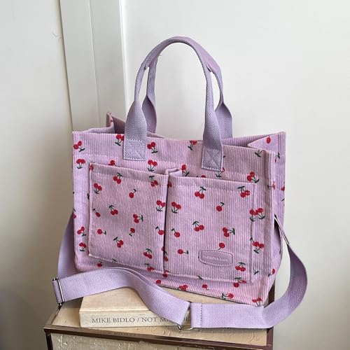 Image of Cherry Tote Bag for Women Canvas Patched Purse Cute Shoulder Bag Multi-Pocket Satchel Handbag for work travel
