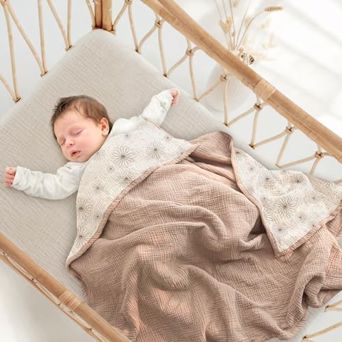 Image of lulumoon Muslin Baby Blanket for Girls - Soft Cotton for Newborn - 4 Layer Reversible Breathable Floral Receiving Blanket for Nursery Crib and Stroller 47 inchx47 inch (Sand Daisy)
