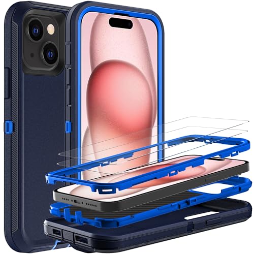 YKHJKLEC for iPhone 15 Case, Military Grade 3 in 1 Heavy Duty Shockproof/Drop Proof/Dust Proof Case with 2Pcs Tempered Glass Screen Protector (Navy Blue)