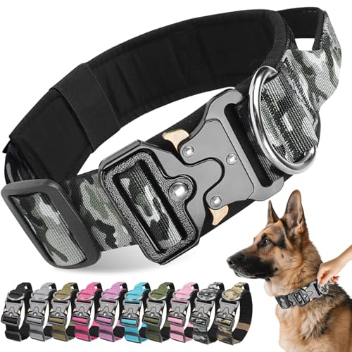 Viugex Collar Tactico para Perro, Ancho Collares Perro con Mango de Control, Collar para Perros Ajustable y Resistente, Cómodo Nylon Suave para Perros Pequeños Medianos Grandes (Camuflaje Gris, M)