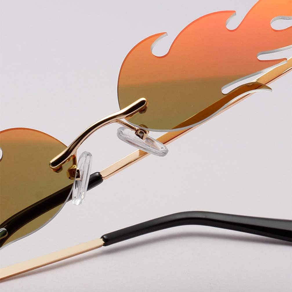 Flame Sunglasses for Women Men: Trendy Fire Glasses with Metal Rimless Design - Funny Steampunk Eyewear for Rave, Festival, Bachelorette Party, and Cosplay Accessories (Red)