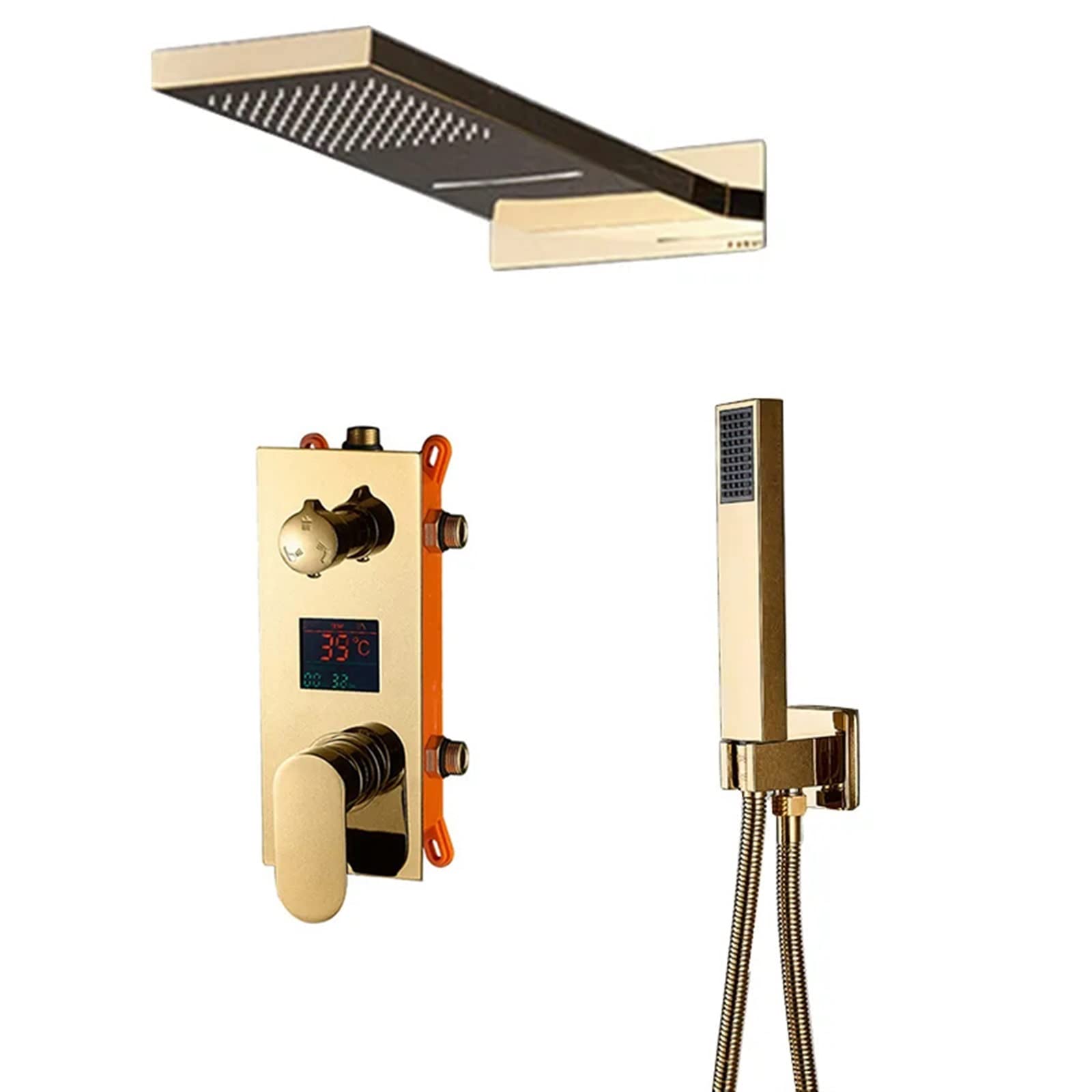 Soywim Golden Shower System, Black Luxury Shower Mixer Kit Digital Display Wall Mounted Rain Waterfall Faucet Rotate Handshower Column Panel(Golden)