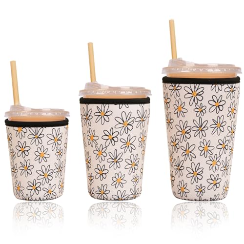Image of Reusable Insulated Sleeve for Iced Coffee Cup, 3-Pack Coffee Neoprene Drink Sleeve for Cold & Hot Drinks, Beverage Holder for Iced Coffee (Line Daisies)