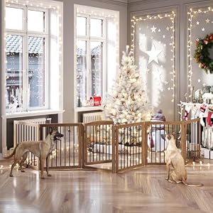 Folding Pet Gate 144" Wide, 30" Tall No-Assembly Wooden Dog Gate with Door Walk Through, Freestanding Pet Gate, Puppy Safety Fence, with 2PCS Support - Brown