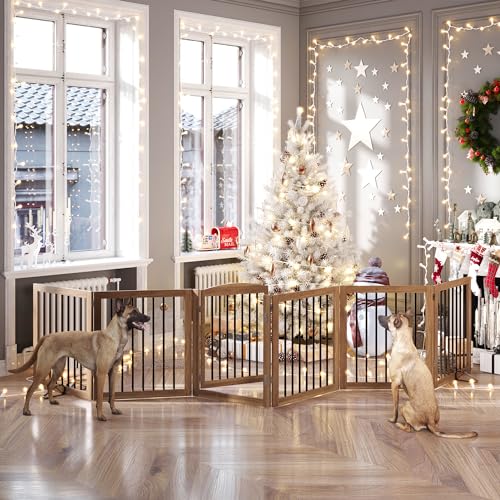 Folding-Pet-Gate-144-Wide-30-Tall-No-Assembly-Wooden-Dog-Gate-with-Door-Walk-Through-Freestanding-Pet-Gate-Puppy-Safety-Fence-with-2PCS-Support-Brown