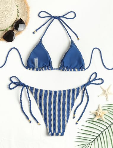 Image of ZAFUL 2 Piece Triangle Bikini for Women Knitted Rope Halter Bikini Sets Sexy Bathing Suit Side Tie Swimsuits Beachwear