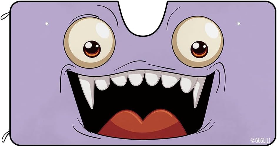 Cartoon Smiling Face Windshield Sun Shade Cute Funny Eyes Car Front Window Sunshade Sun Visor Protector Blocks UV Rays 55 X 30 Inch Lilac