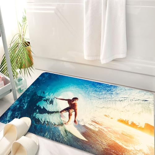 HKPOEQ Tappeto Bagno 50 x 80 cm,Tappetino in Microfibra, Tappeti Assorbente Antiscivolo,Onda, onda blu a canna con un giovane surfista Attività di sport estremi e divertimen,Soffice Tappetini Doccia